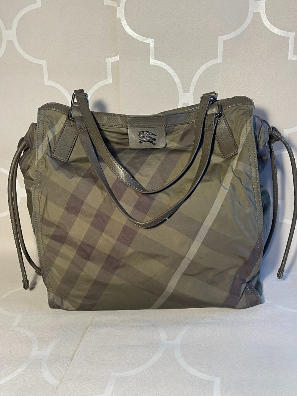 Burberry Olive Green Nova Check Nylon Tote Bag | Leather Straps